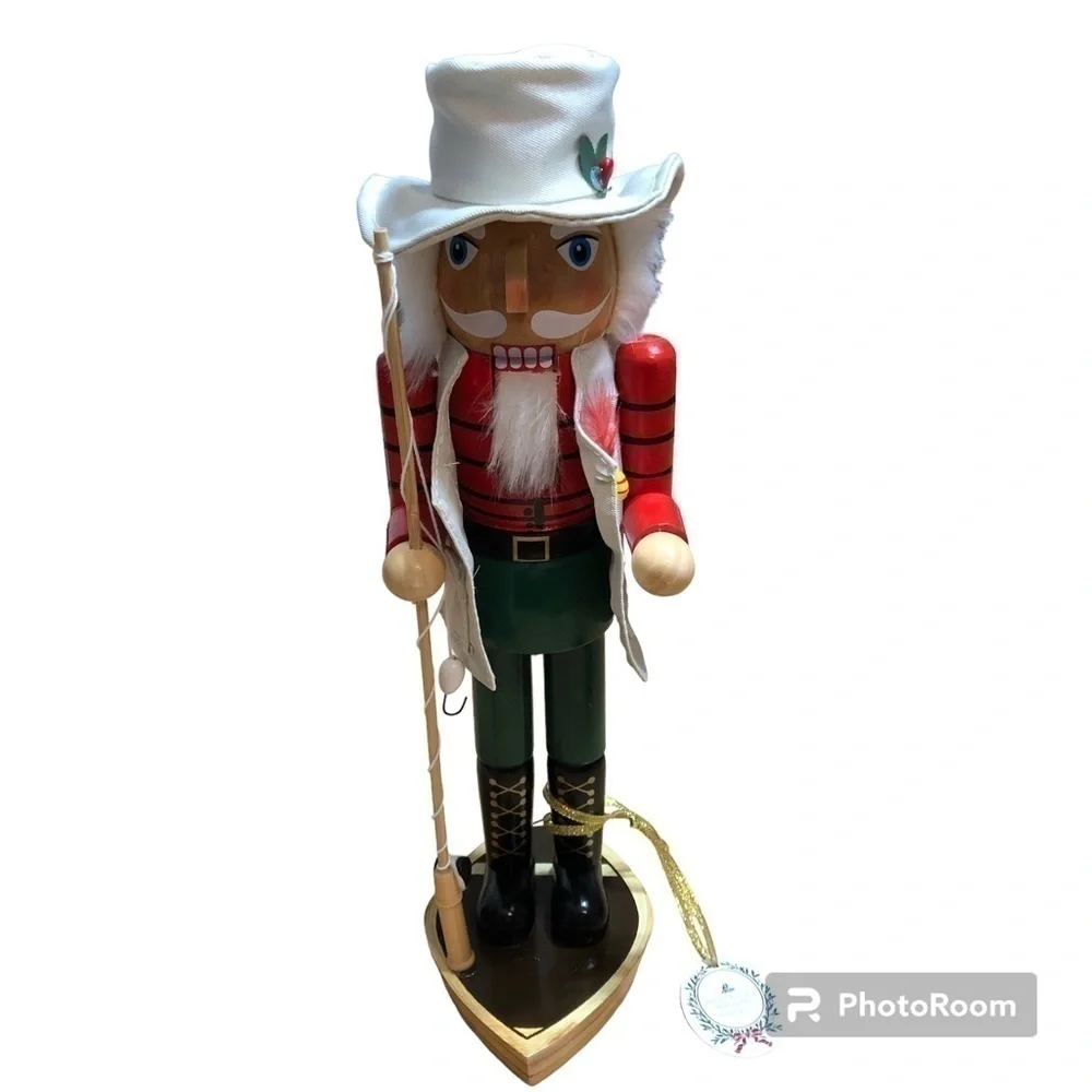 Nutcracker Fisherman Fishing Pole Fish Holiday Christmas Decor Red Green NEW